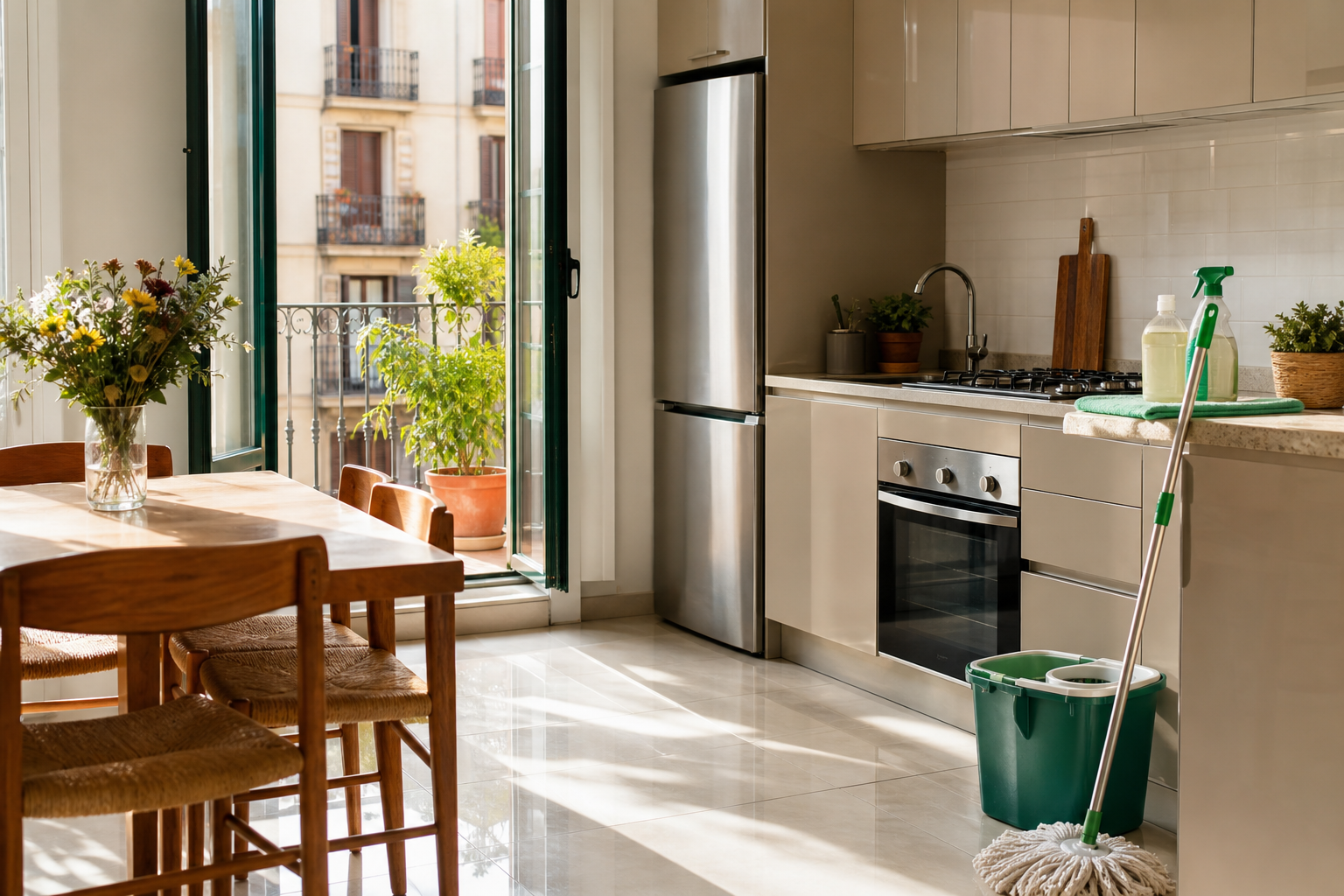 The image depicts a bright, modern kitchen in a Spanish apartment. Sunlight streams through a large window, illuminating the glossy white tiled floor, which reflects the light. The kitchen is well-organized, featuring sleek cabinets, a stainless steel refrigerator, and a contemporary gas stove. A wooden dining table with four chairs occupies one corner, adorned with a vase of fresh flowers. On the countertop, various cleaning supplies are neatly arranged, including a mop, a bucket, and eco-friendly cleaning products. The walls are painted in a soft pastel color, enhancing the inviting atmosphere. A small balcony visible through the window is adorned with potted plants, adding a touch of greenery. The entire scene conveys a sense of cleanliness and order, emphasizing the importance of regular maintenance in a Spanish home.