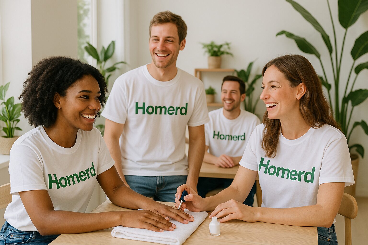 Una imagen vibrante y acogedora muestra a un grupo de personas en un entorno luminoso y moderno, con paredes blancas y plantas verdes. Todos llevan camisetas blancas con la palabra 'Homerd' en verde centrada. Algunos est&aacute;n disfrutando de una sesi&oacute;n de manicura mientras otros conversan alegremente, creando un ambiente relajado y amigable.