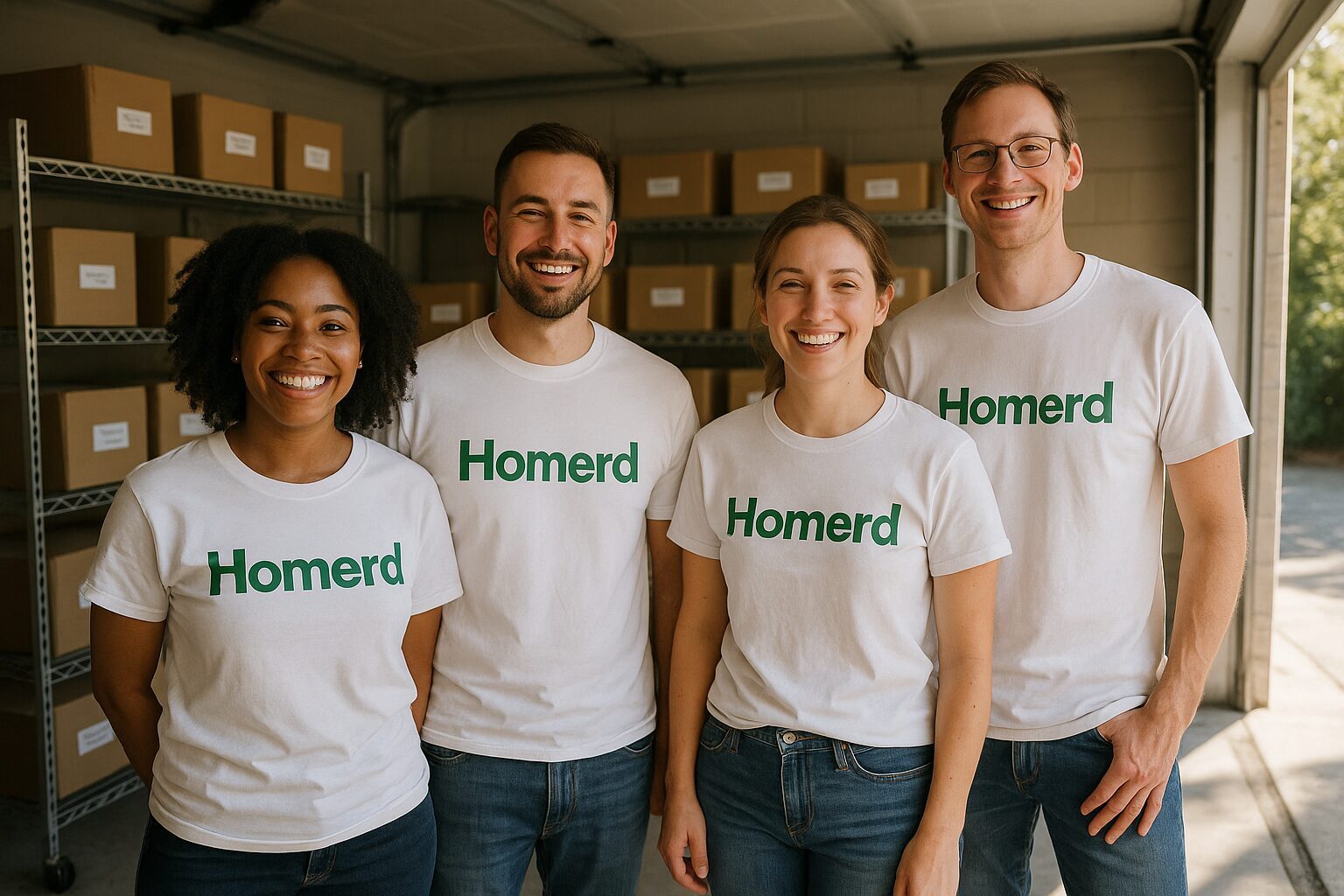 Una imagen realista muestra a un grupo de personas sonrientes en un garaje luminoso y ordenado. Est&aacute;n vestidas con camisetas blancas que llevan impresa la palabra 'Homerd' en verde al centro. El fondo presenta estanter&iacute;as limpias y organizadas con cajas etiquetadas, mientras que el sol entra por una ventana, iluminando el espacio de manera inspiradora.