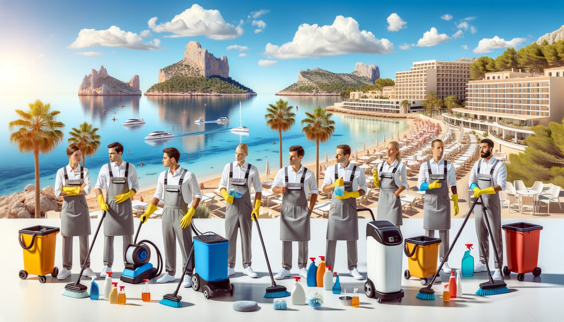 Una imagen realista que muestra a un equipo profesional de limpieza trabajando en un hotel frente al mar en Mallorca. Se observan m&aacute;quinas modernas, productos ecol&oacute;gicos y personal uniformado colaborando mientras al fondo se aprecia un paisaje mediterr&aacute;neo con palmeras y un cielo despejado.