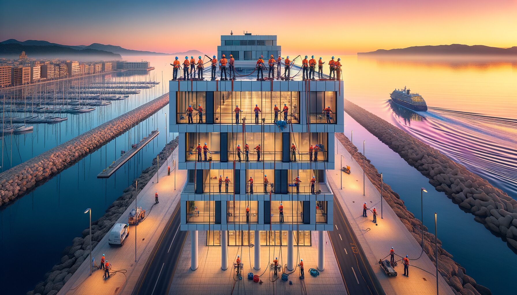 Una fotograf&iacute;a panor&aacute;mica del puerto de Palma de Mallorca al amanecer, mostrando un equipo profesional realizando limpieza especializada en las fachadas de un edificio moderno con vistas al mar Mediterr&aacute;neo.