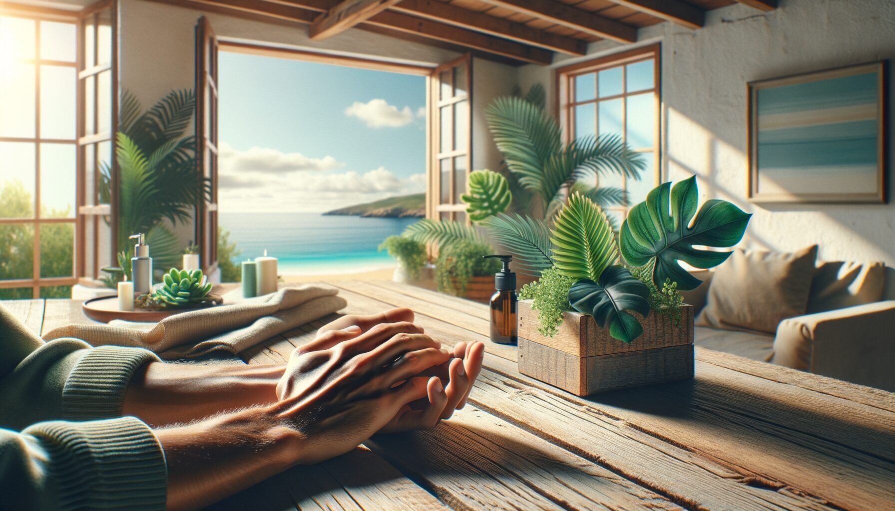 Una imagen cinematogr&aacute;fica muestra unas manos cuidadas elegantemente descansando sobre una mesa r&uacute;stica de madera en un sal&oacute;n luminoso frente al mar Mediterr&aacute;neo. La luz natural entra suavemente por grandes ventanales mientras plantas verdes decoran el espacio, transmitiendo una atm&oacute;sfera fresca, natural y eco-friendly.