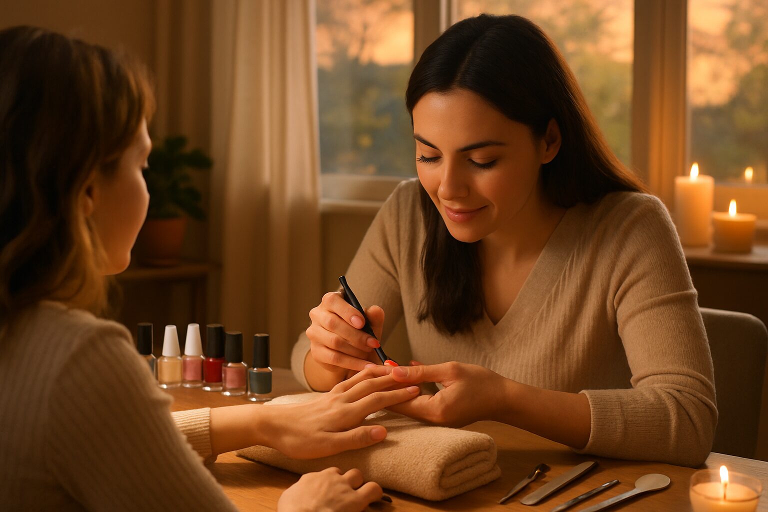 Una imagen vibrante y acogedora muestra un entorno hogare&ntilde;o donde una manicurista profesional est&aacute; trabajando. La luz suave del atardecer entra por la ventana mientras la manicurista aplica cuidadosamente esmalte a unas u&ntilde;as bien cuidadas. En la mesa hay una variedad de colores de esmaltes, herramientas de manicura y un ambiente relajante con velas encendidas.