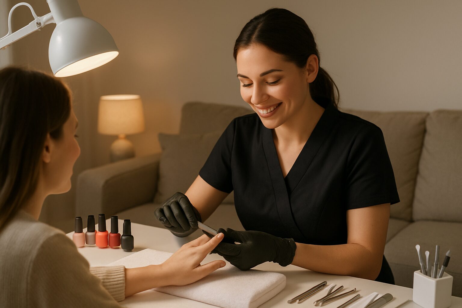 Una profesional de manicura sonriente, vestida con un uniforme elegante, est&aacute; trabajando en las u&ntilde;as de una clienta sentada c&oacute;modamente en su sala. La mesa est&aacute; decorada con esmaltes coloridos y herramientas bien organizadas, mientras que una luz suave ilumina la escena, creando un ambiente relajante y acogedor.