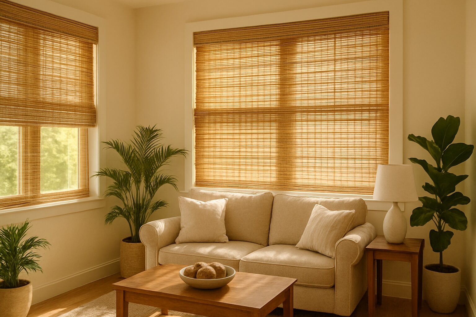 Una imagen luminosa y acogedora de una habitaci&oacute;n con ventanas cubiertas con elegantes persianas palma, donde la luz del sol se filtra suavemente a trav&eacute;s de las lamas, creando un ambiente c&aacute;lido y natural. Las paredes son de un tono claro, complementadas con plantas decorativas que a&ntilde;aden un toque fresco al espacio.