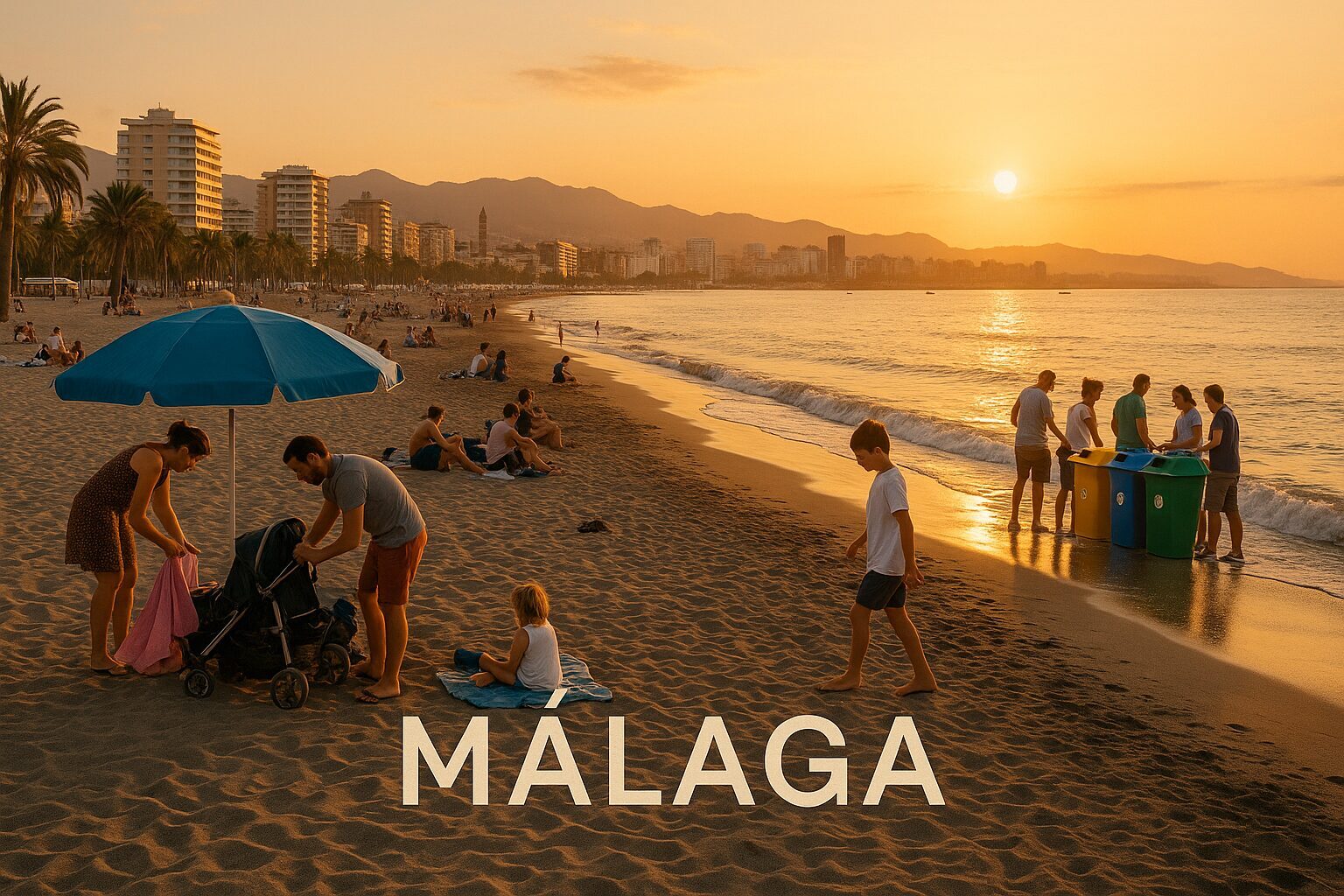 Una vista panor&aacute;mica de la playa de M&aacute;laga al atardecer, con familias disfrutando de un &uacute;ltimo d&iacute;a de verano. Las olas suaves acarician la orilla mientras algunos turistas recogen sus pertenencias. Al fondo, se observan contenedores de reciclaje bien organizados junto a un grupo de personas que separan su basura, reflejando el compromiso con el medio ambiente.